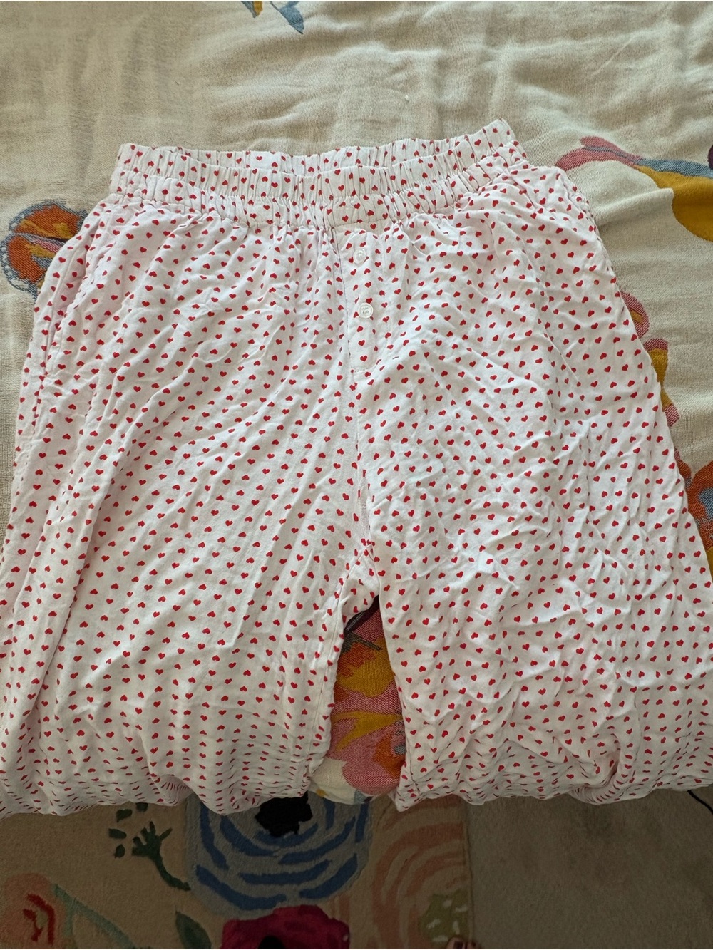 White Pajama Shorts with Red Heart Print